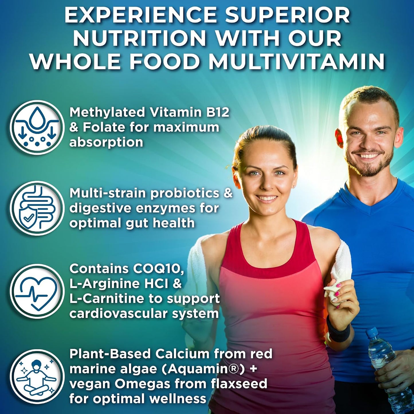 Vegan Wholefood Daily Multivitamin with Iron, Methylated Multivitamin for Women and Men, Made with Fruits & Vegetables, B-Complex, Probiotics, Enzymes, CoQ10, Omegas, Turmeric, Non-GM, 180 Count - görsel 2