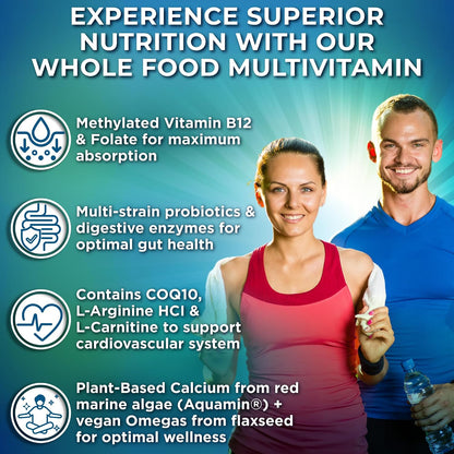 Vegan Wholefood Daily Multivitamin with Iron, Methylated Multivitamin for Women and Men, Made with Fruits & Vegetables, B-Complex, Probiotics, Enzymes, CoQ10, Omegas, Turmeric, Non-GM, 180 Count