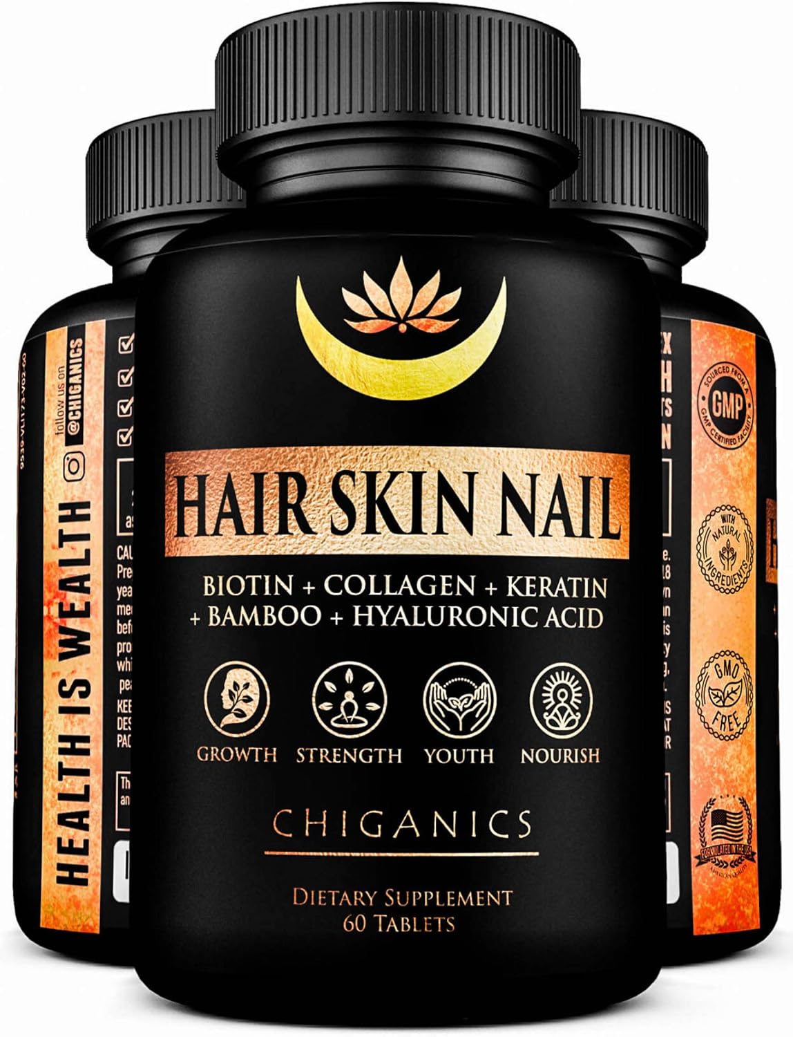 Chiganics Hair Skin and Nail Growth Vitamins with Keratin, Collagen & Silica - Extra Strength Biotin 5000mcg - görsel 1