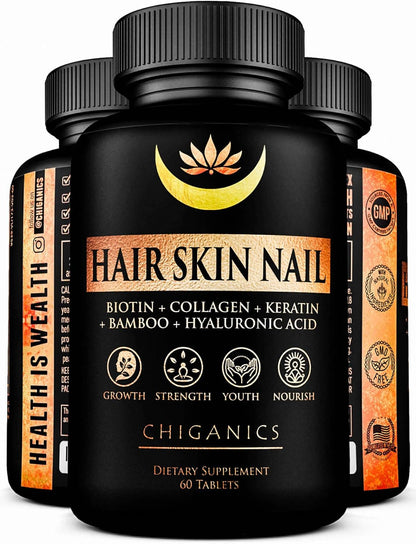 Chiganics Hair Skin and Nail Growth Vitamins with Keratin, Collagen & Silica - Extra Strength Biotin 5000mcg
