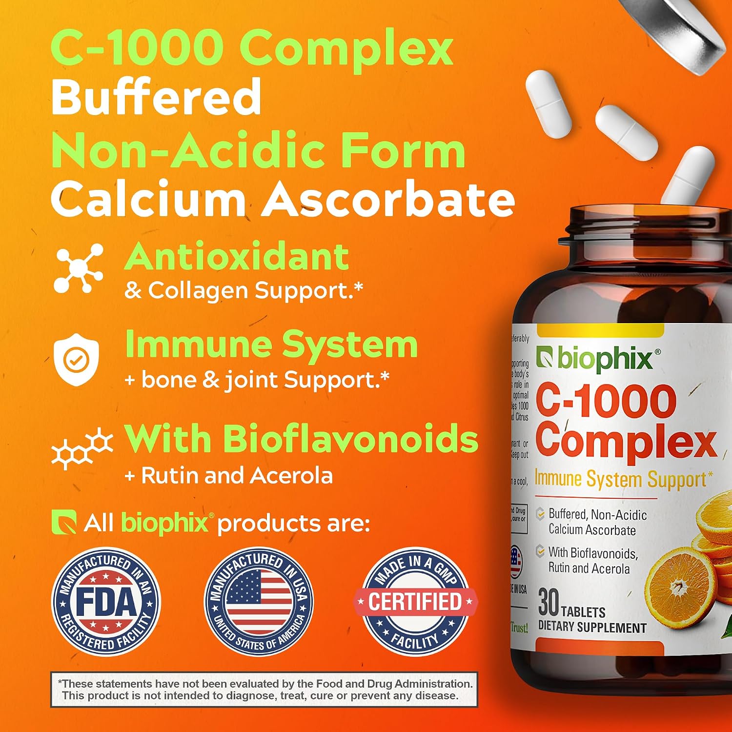 biophix Vitamin C-1000 mg 30 Tablets Complex – Vegan with Calcium, Citrus Bioflavonoids, Acerola, Rutin – Supports Immune Health - görsel 5
