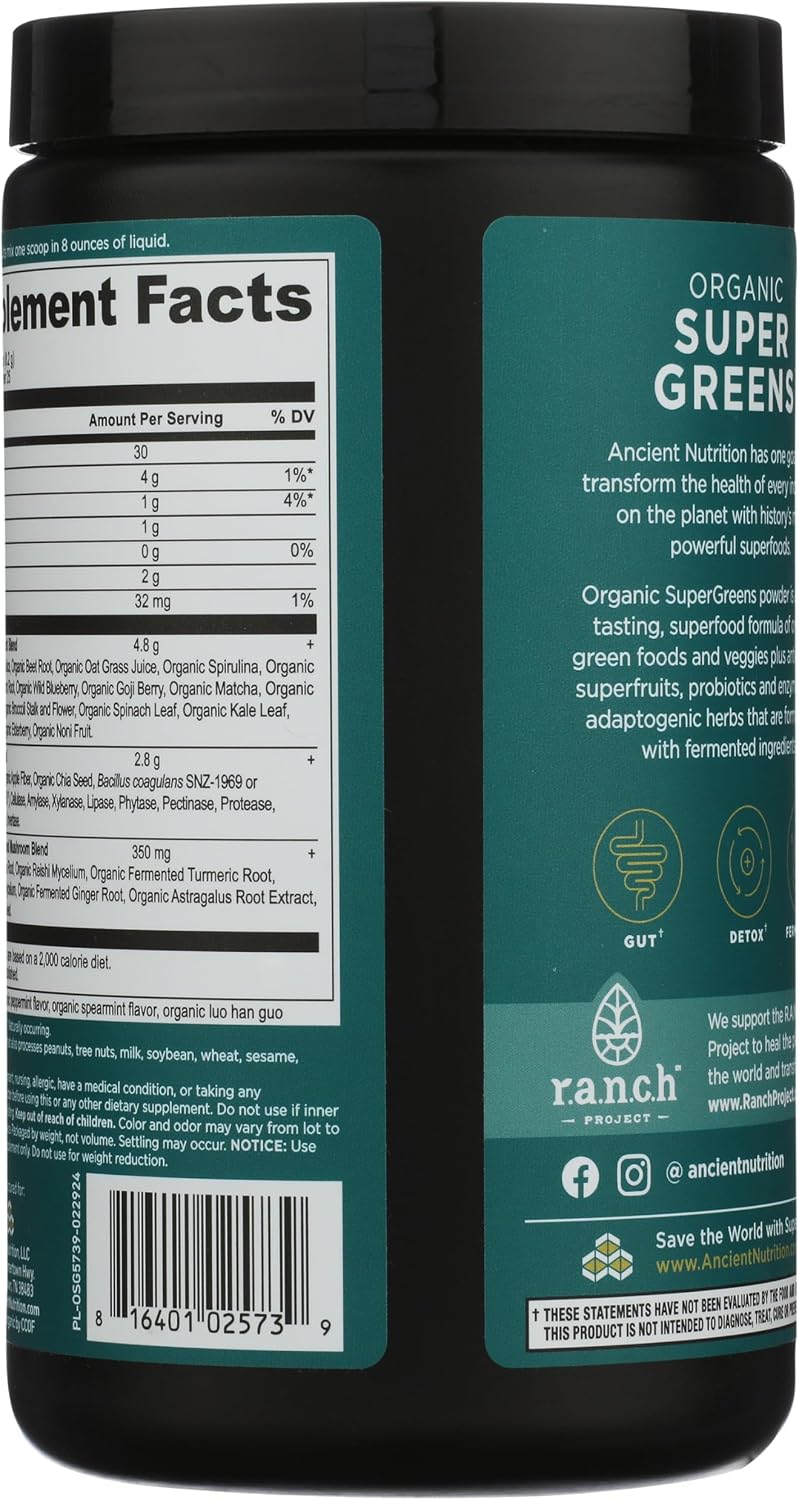 Ancient Nutrition SuperGreens Powder with Probiotics - Organic Peppermint Flavour - 25 Servings - görsel 2