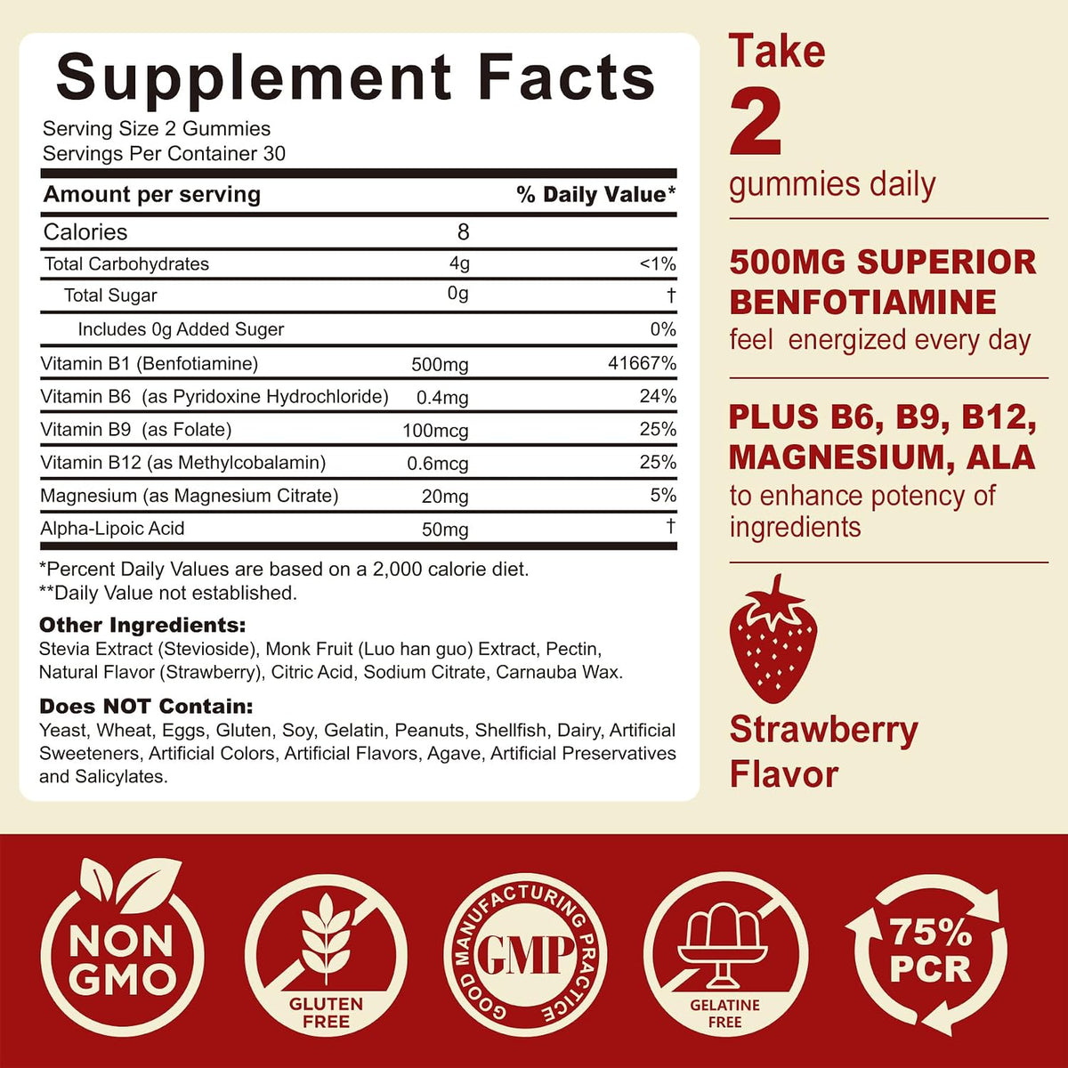 Vitamin B1 (Benfotiamine) Gummies 500mg – B Complex with B6, B12, Magnesium – Vegan, Sugar-free, 60 Count – Image 6