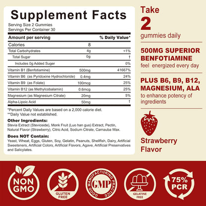 Vitamin B1 (Benfotiamine) Gummies 500mg – B Complex with B6, B12, Magnesium – Vegan, Sugar-free, 60 Count – Image 6