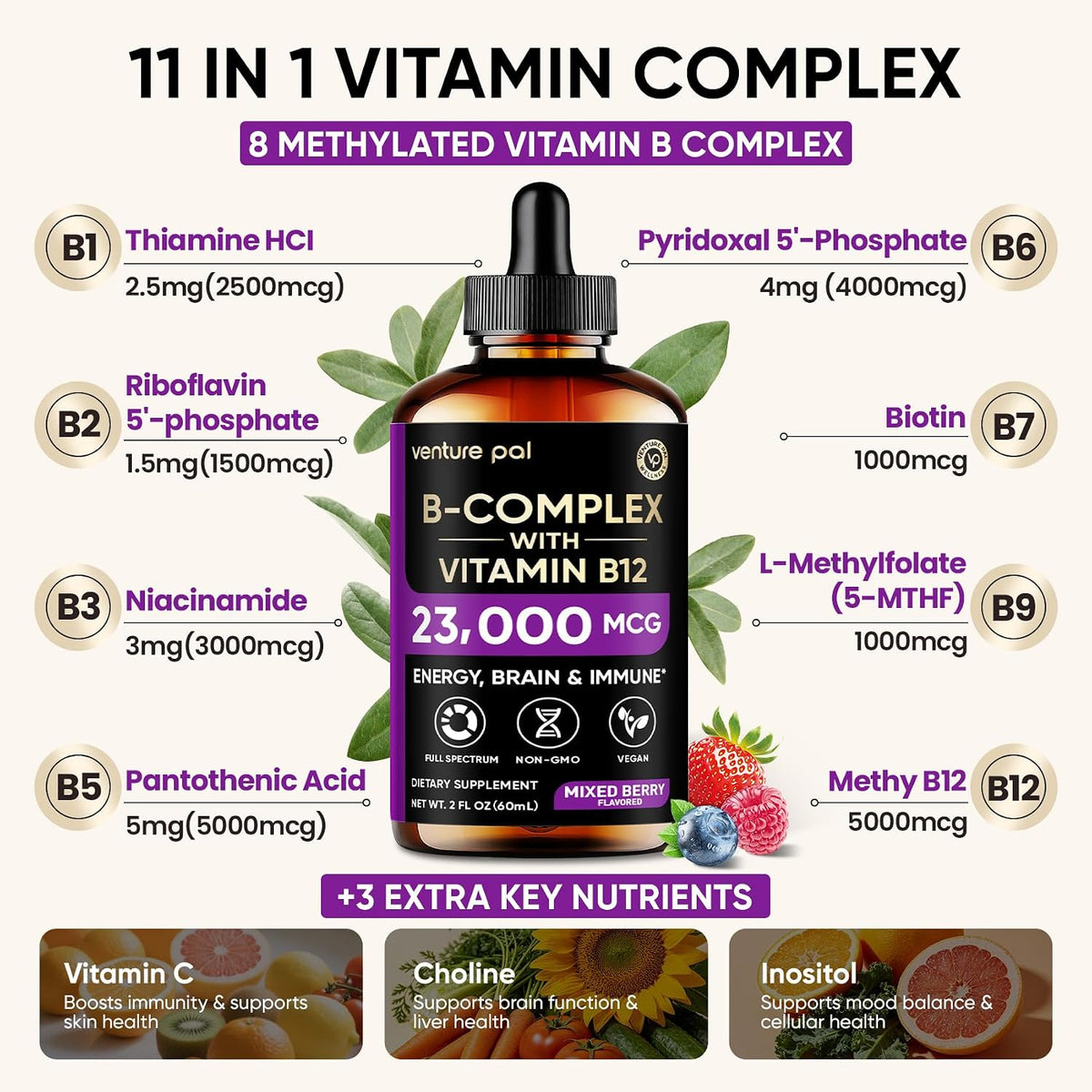 Venture Pal Vitamin B Complex Liquid Drops, – Vitamin B5 (Pantothenic Acid) – Essential for synthesising coenzyme – Image 4