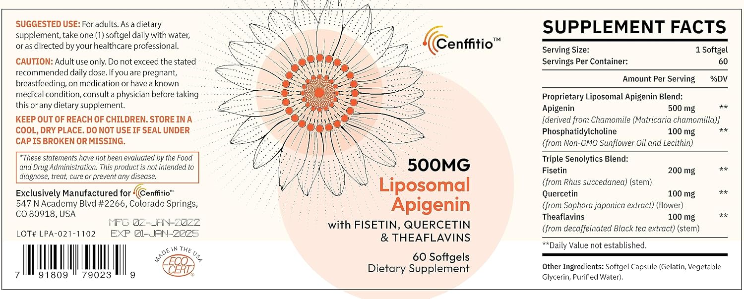 Cenffitio Liposomal Apigenin 500mg - with Fisetin, Quercetin & Theaflavins - 60 Softgels - görsel 7