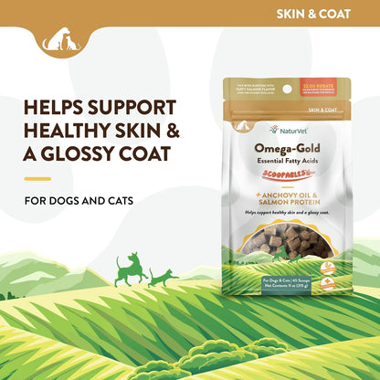 NaturVet Scoopables Omega-Gold Anchovy Oil & Salmon Supplement For Dogs and Cats – Supports Healthy Skin & Coat Plus DHA, EPA, Omega-3, & Omega-6 – Anchovy & Salmon Flavoured For Dog and Cat | 11oz Bag