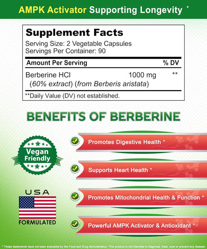 aSquared Nutrition Pure Berberine 1000mg - 180 Vegie Capsules