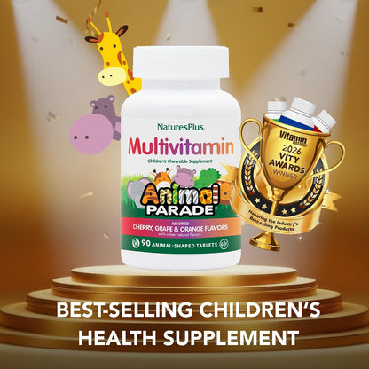 NaturesPlus Animal Parade Children's Chewable Multivitamin - 180 Animal-Shaped Tablets (Pack of 3) - Natural Assorted Flavours - Vegan, Gluten free - 270 Servings