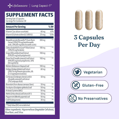 Lung Capaci-T - Respiratory Support Supplement - CoQ10, N-Acetyl Cysteine, Boswellia, Eucalyptus, Mullein, Green Tea, Nettle & Peppermint - Increases Oxygen Capacity & Reduces Mucus - 90 Capsules