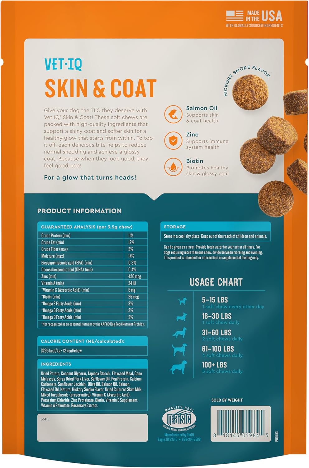 VetIQ Skin and Coat Supplement for Dogs, Helps Maintain Healthy Skin and Shiny Coat, Hickory Smoke Flavour Dog Chew, Made in the USA, 60 Count - görsel 7
