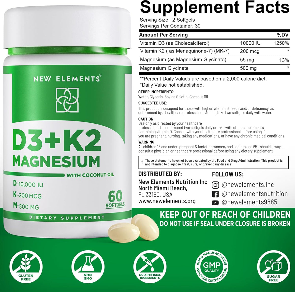 New Elements Vitamin D3 K2 10,000 IU with – Energy & Mood: Magnesium glycinate, with its high bioavailability, – Image 4