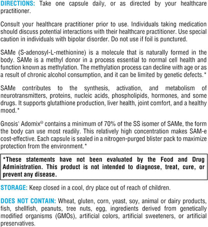 XYMOGEN SAM-e - S-Adenosyl-L-Methionine Supplement for Methylation & Cell Health Support - Gnosis’ Adomix SS Isomer - Nitrogen-Sealed Vegan Capsules - Gluten free & Non-GM - 30 Capsules