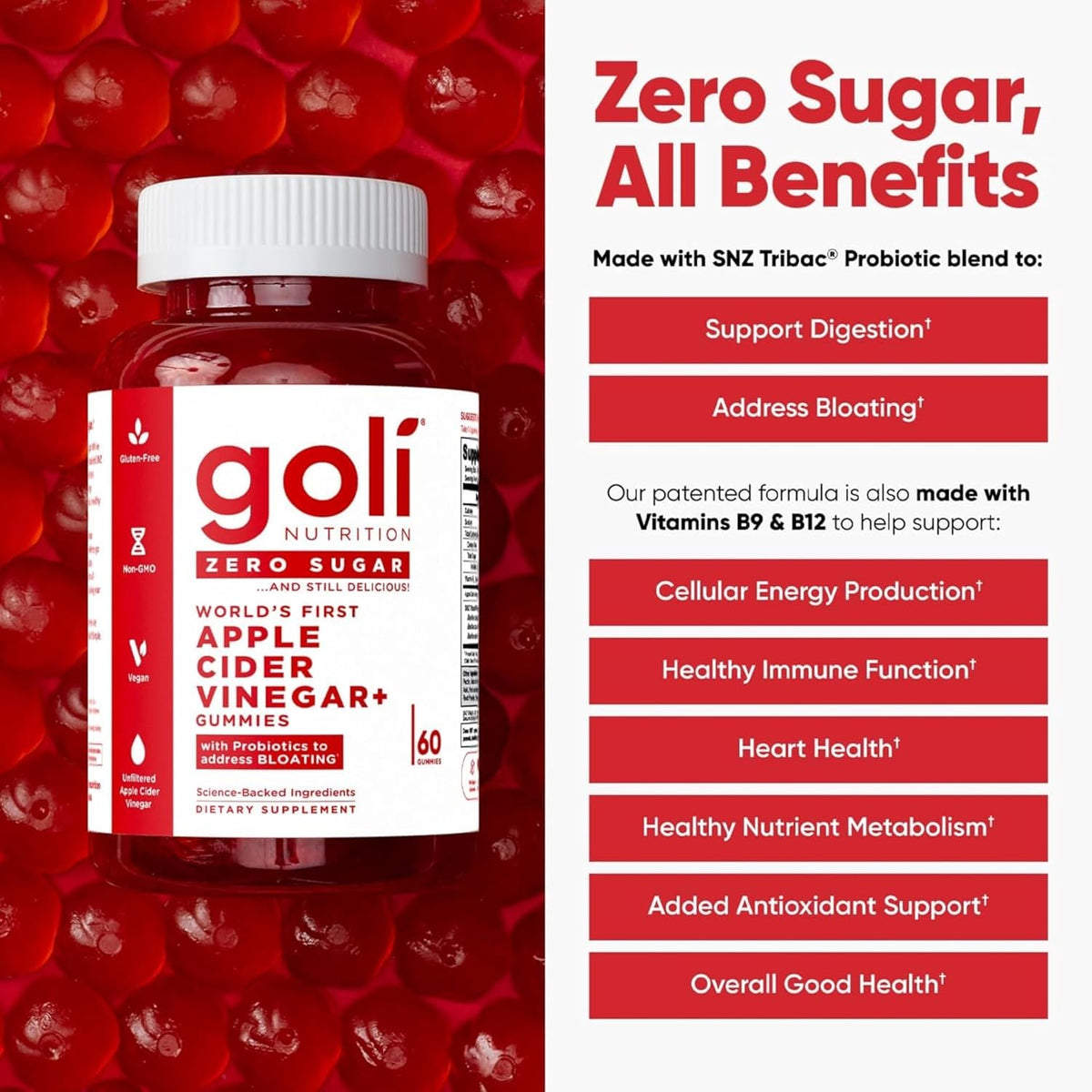 Goli Zero Sugar Apple Cider Vinegar Gummies – With Vitamin B12: Supports energy metabolism and nervous system – Image 2
