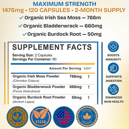 VIVANUTRA Organic Wildcrafted Sea Moss Capsules, 1476mg, 120ct
