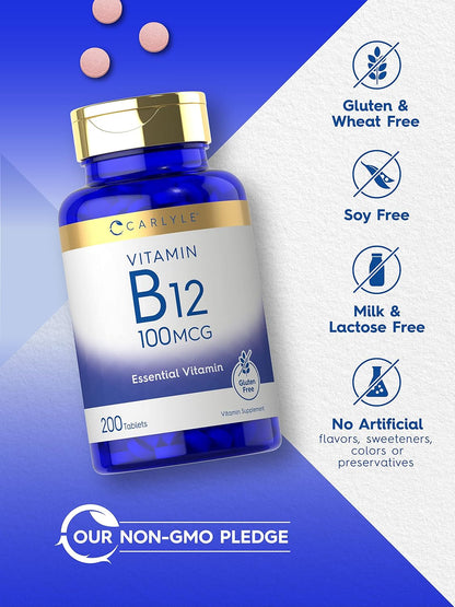 Carlyle Vitamin B12 100mcg | 200 Tablets | Vegan, Non-GM, Gluten free Supplement