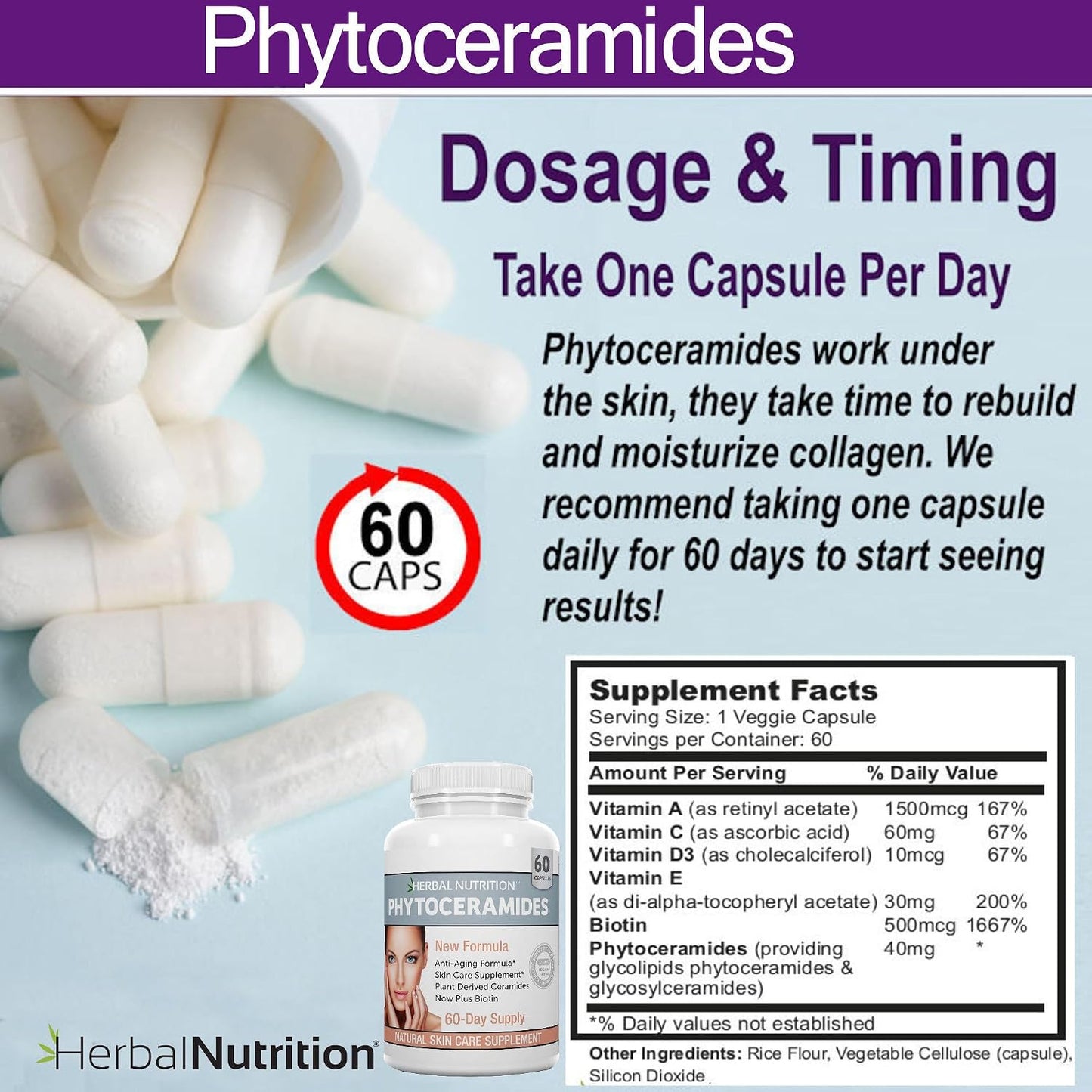 Herbal Nutrition Phytoceramides from Rice with Biotin Vitamin A, C, D and E, Three Bottle Pack, 180 Capsules 40mg - görsel 6