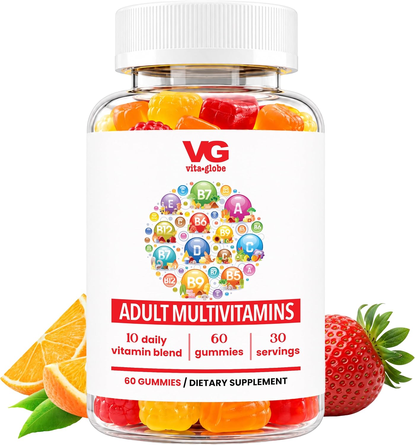 VITA GLOBE Adult Multivitamin Gummies – 9 Daily Vitamins with C, D, E, B6, B12, Folate & Biotin, Orange, Peach & Strawberry Flavours, Immune Support Supplement, 60 Gummies - görsel 1