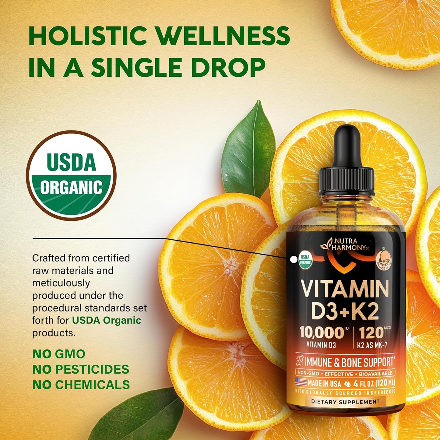 Vitamin D3 K2 USDA Organic Drops, 10000 IU D3 & 120 mcg K2 MK-7, Orange Flavour, 120ml (120-Day Supply) - görsel 4