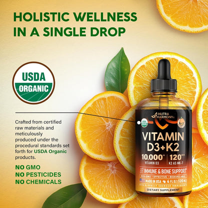Vitamin D3 K2 USDA Organic Drops, 10000 IU D3 & 120 mcg K2 MK-7, Orange Flavour, 120ml (120-Day Supply)