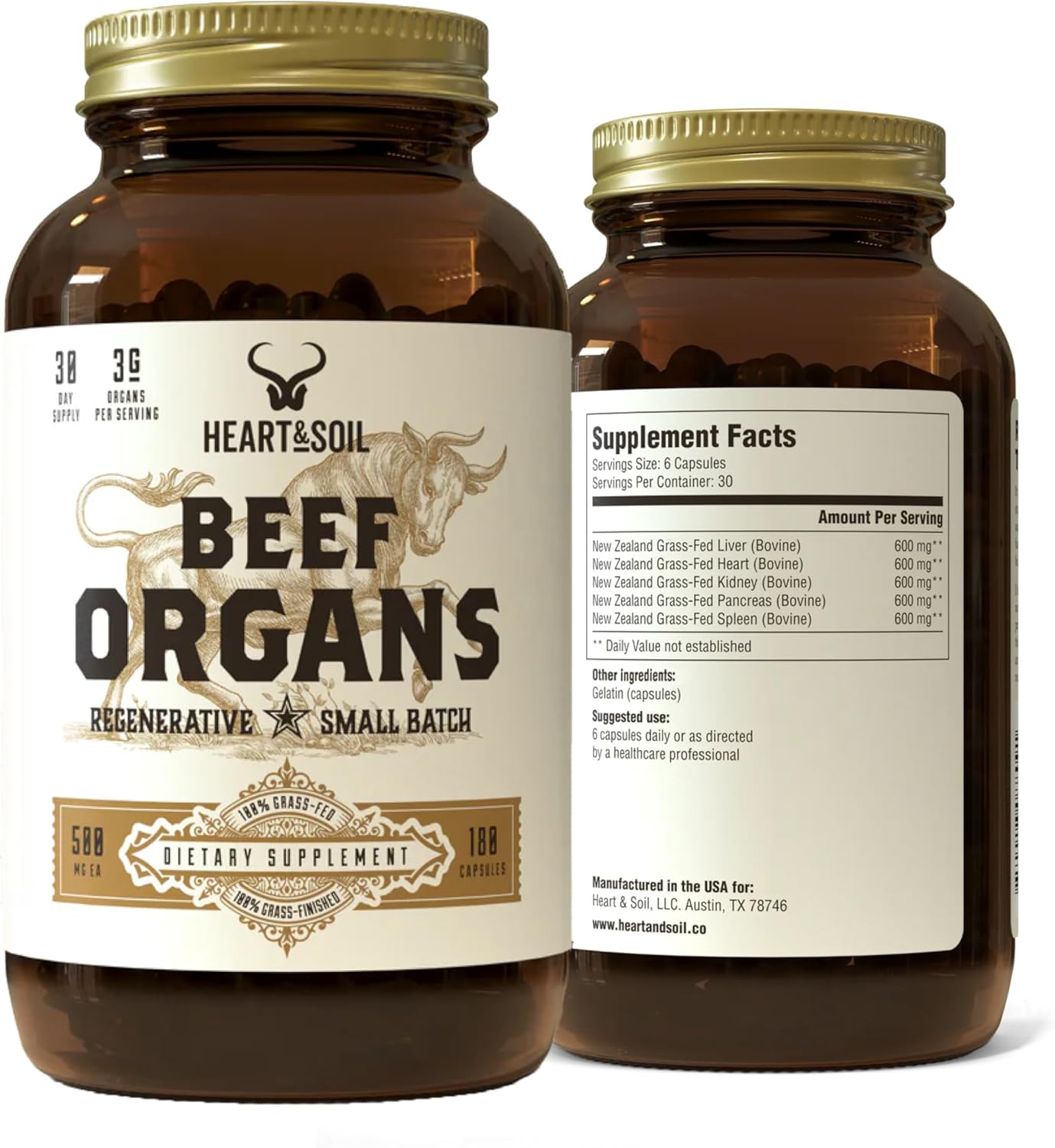 HEART & SOIL 100% Grass Fed Beef Organs Supplement (Liver, Heart, Kidney, Pancreas & Spleen) – 3000mg – 180 Capsules - görsel 1