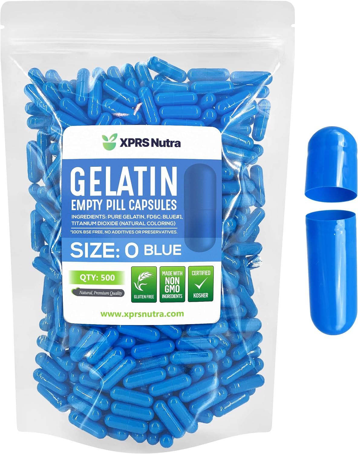 XPRS Nutra Size 0 Empty Capsules - 500 Count Empty Gelatine Capsules - Pills DIY Capsule Filling - Pure Bovine Pill Gel Caps for Do-It-Yourself Supplements (Blue) - görsel 1