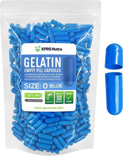 XPRS Nutra Size 0 Empty Capsules - 500 Count Empty Gelatine Capsules - Pills DIY Capsule Filling - Pure Bovine Pill Gel Caps for Do-It-Yourself Supplements (Blue)