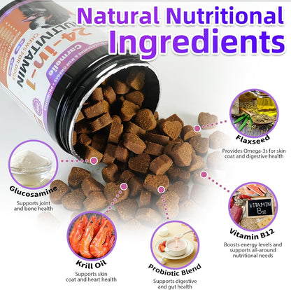 Dog Vitamins – 24-in-1 Complete Supplement, 200 Chews with Glucosamine, Probiotics, Omega-3. Supports Hips & Joints, Skin & Coat, Immune & Digestive Health. Chicken Flavour.