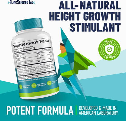 BoneScience Inc Height Growth Maximiser – Growth Optimisation Supplement for Teens & Young Adults – Bone & Development Support with Calcium, Vitamin D3, Zinc & Amino Acids – 2 Pack (60 Count Each)