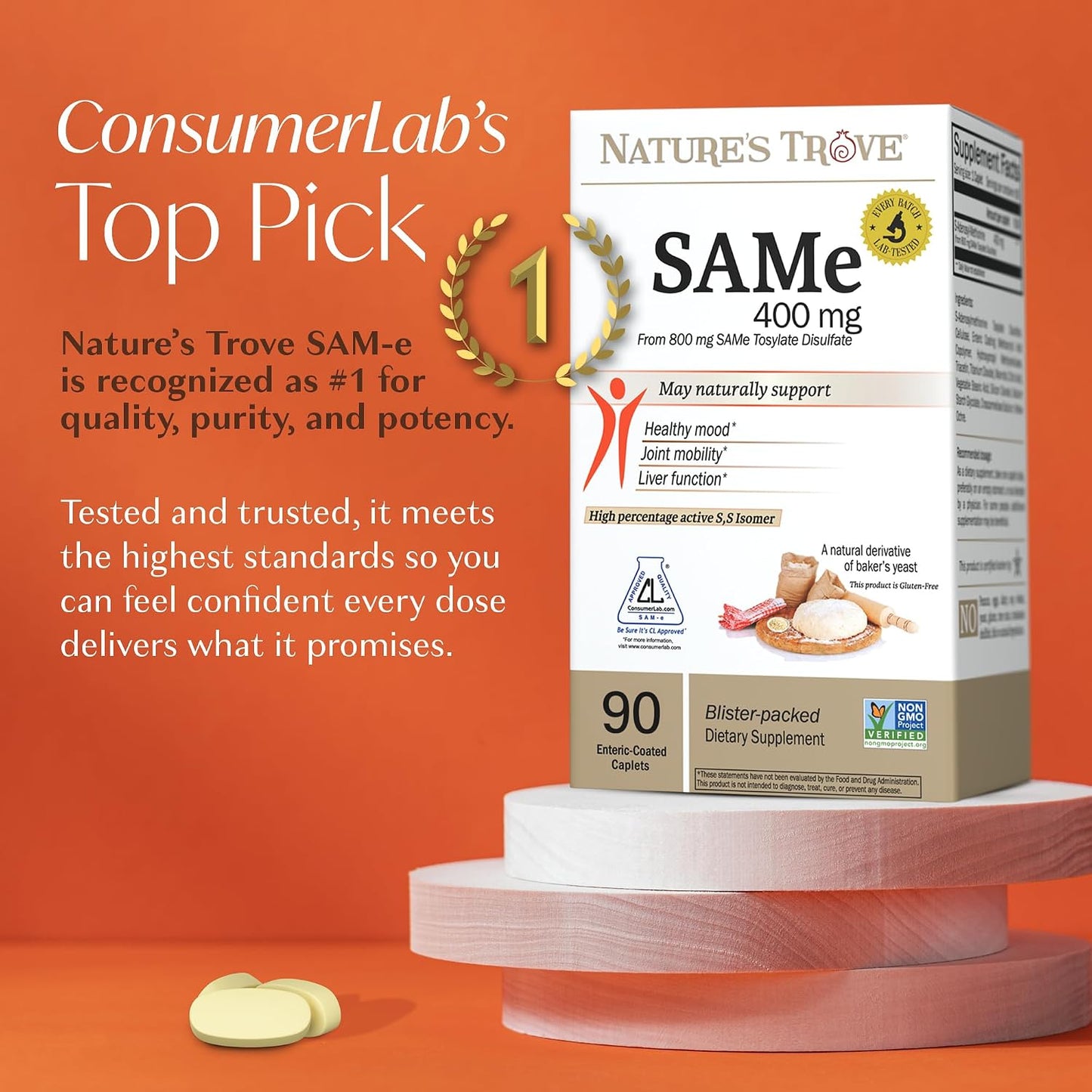 Nature's Trove SAM-e 400mg 90 Enteric Coated Caplets. Vegan, Kosher, Non-GM Project Verified, Soy-free, Gluten free - Cold Form Blister Packed. - görsel 2