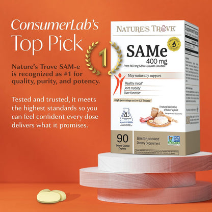 Nature's Trove SAM-e 400mg 90 Enteric Coated Caplets. Vegan, Kosher, Non-GM Project Verified, Soy-free, Gluten free - Cold Form Blister Packed.