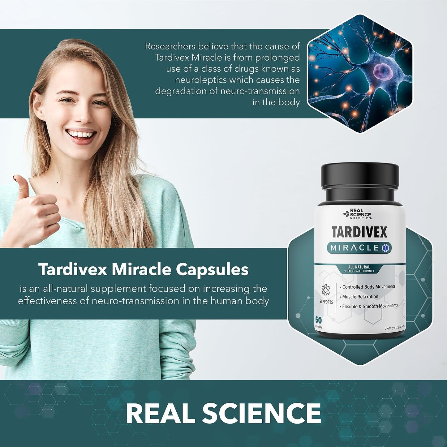 Real Science Tardivex All Natural Nerve Support Supplement for Neurological Balance - Includes Vinitrox, GABA & Essential Vitamins for Controlled Movement & Coordination - Made in USA, 60 Caps - görsel 5