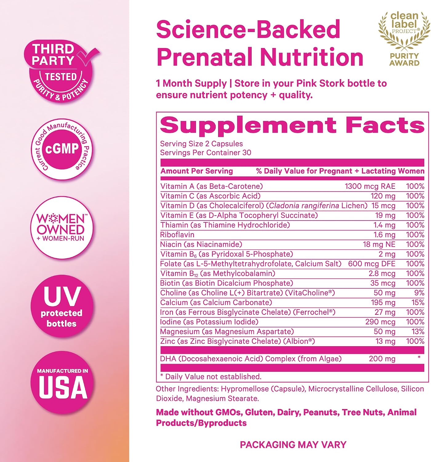 Pink Stork Total Prenatal Vitamins - 60 Count, Mint - Vegan DHA, Methylfolate, Iron, Choline - görsel 6