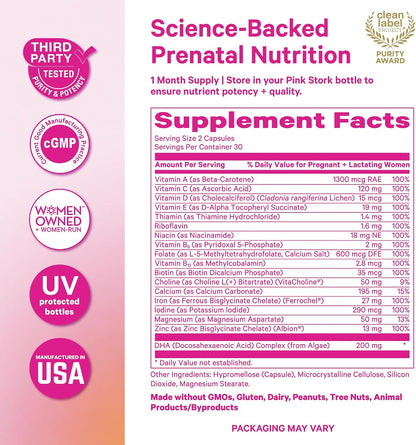 Pink Stork Total Prenatal Vitamins - 60 Count, Mint - Vegan DHA, Methylfolate, Iron, Choline