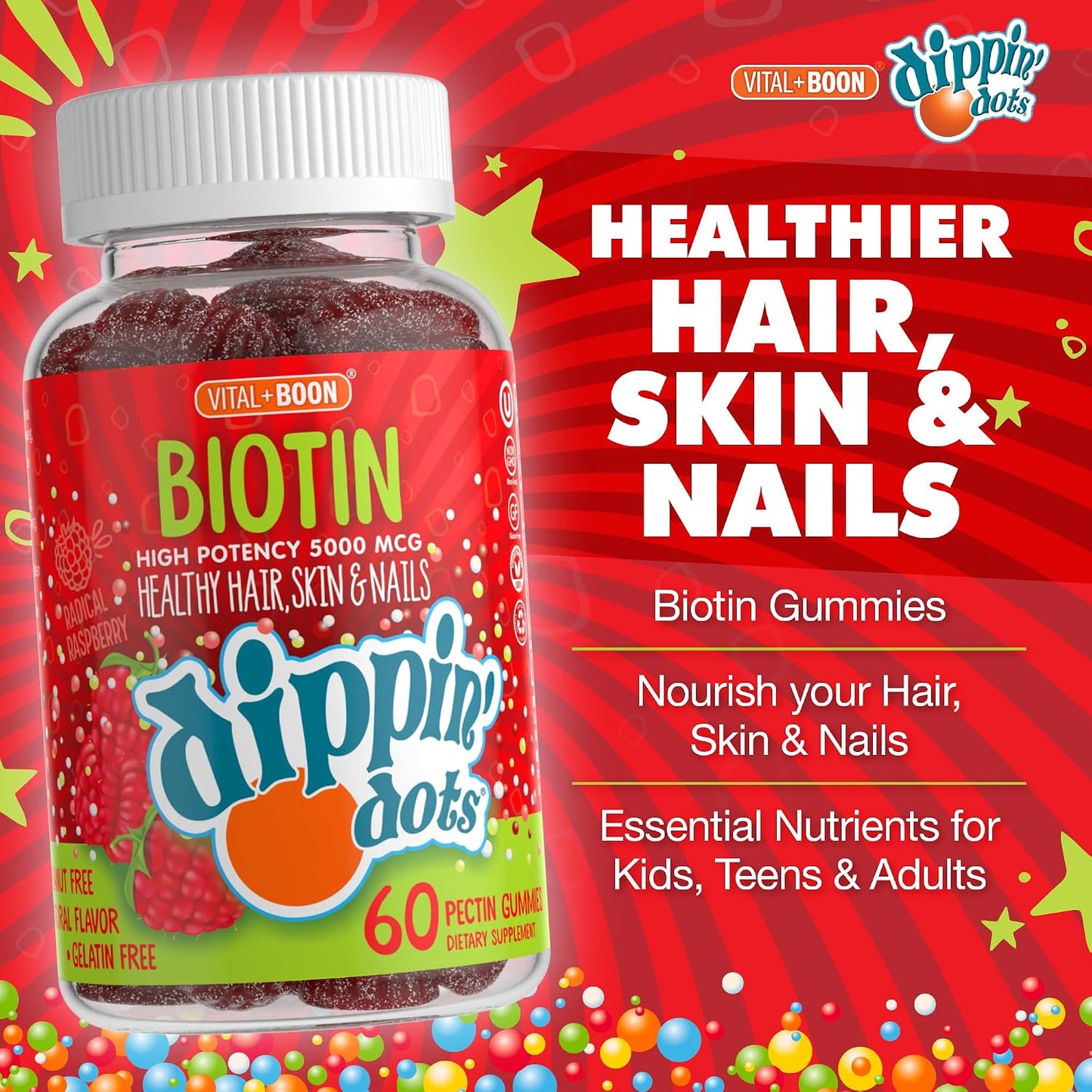 Dippin' Dots High Potency Biotin Gummies 5000mcg - Hair, Skin & Nails - Raspberry - 60 Day Supply (2 Pack) - görsel 3