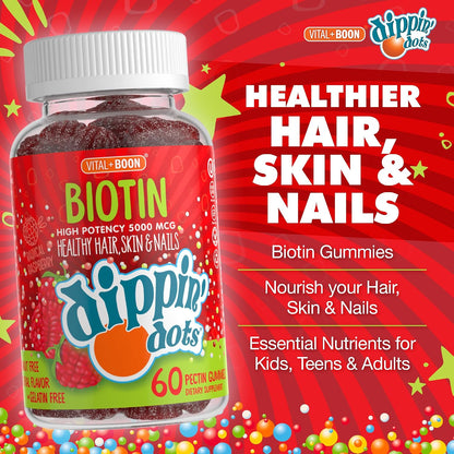 Dippin' Dots High Potency Biotin Gummies 5000mcg - Hair, Skin & Nails - Raspberry - 60 Day Supply (2 Pack)