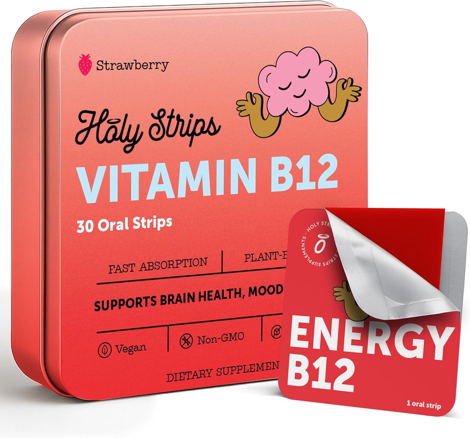 HOLY STRIPS Vitamin B12 Oral Strips – Fast-Absorbing, Vegan, Non-GM, Sugar-free – Strawberry Flavour – 30 Count - görsel 1