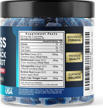 Vitamax Irish Sea Moss Gummies – Multi-Mineral Supplement with Sea Moss, Bladderwrack, Ashwagandha, Burdock Root & ACV – 60 Gummies