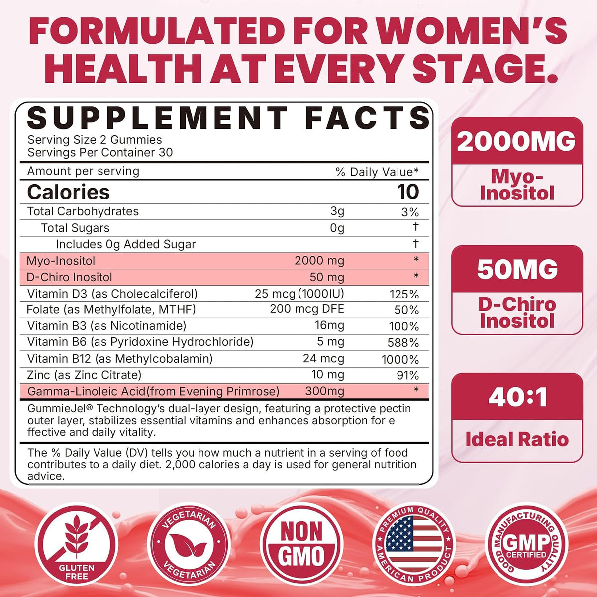 Nextdia Inositol Gummies with Evening Primrose Oil for Women's - 40:1 Ratio Myo-Inositol 2000mg & D-Chiro Inositol 50mg with – Image 2