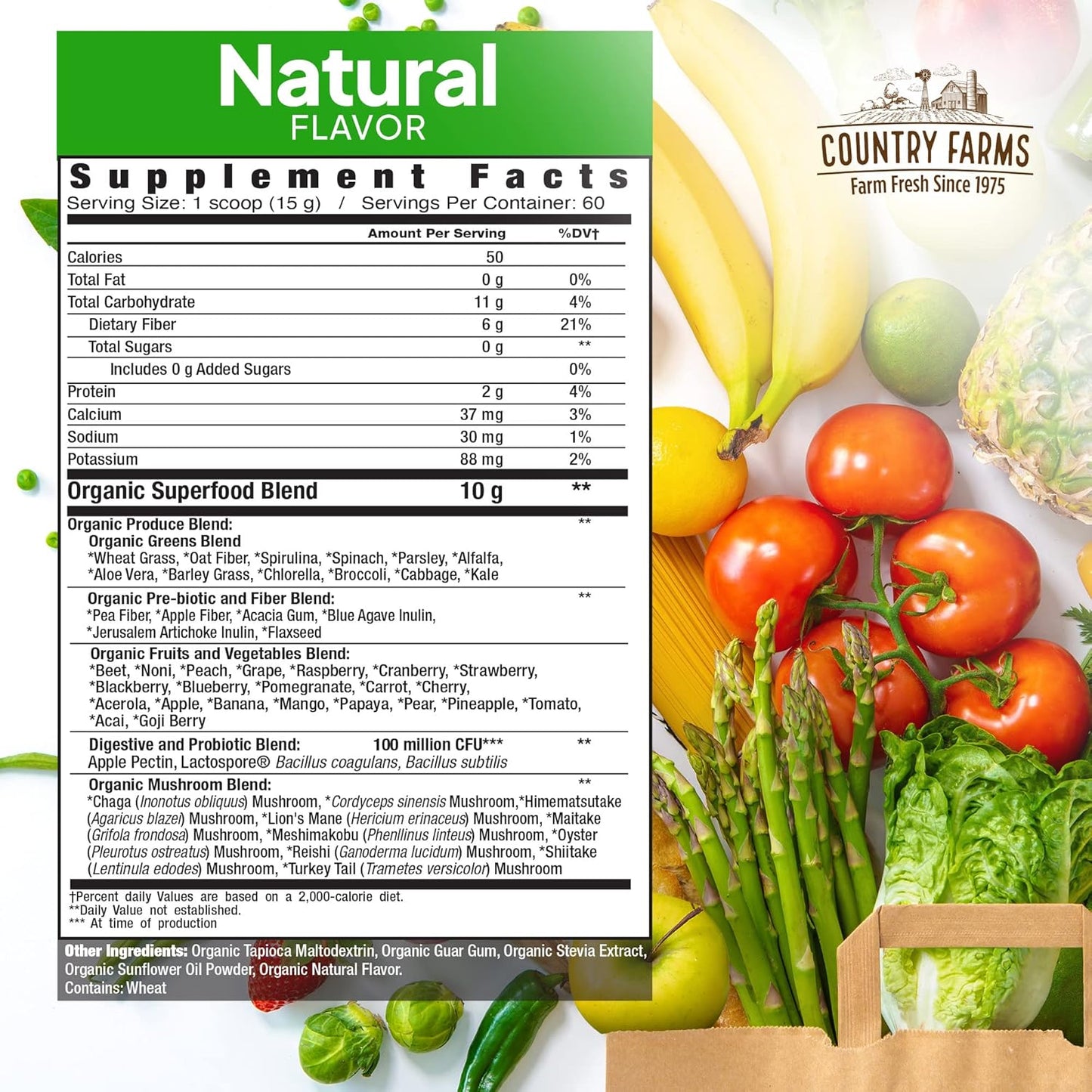 Country Farms Super Greens Natural Flavour – Organic Superfood Powder with Fibre, Mushrooms & Probiotics (60 Servings, 900g) - görsel 3
