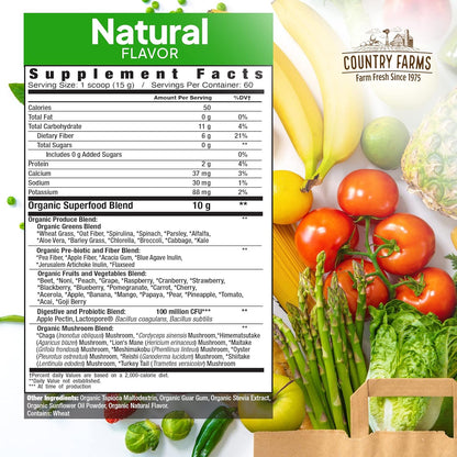 Country Farms Super Greens Natural Flavour – Organic Superfood Powder with Fibre, Mushrooms & Probiotics (60 Servings, 900g)