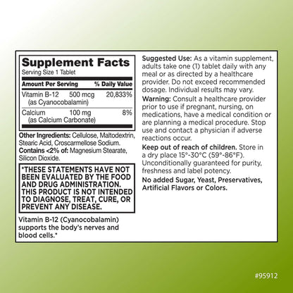 Quality Choice Vitamin B12 500 mcg Tablets – Energy, Metabolism & Nervous System Support – 100 Tablets