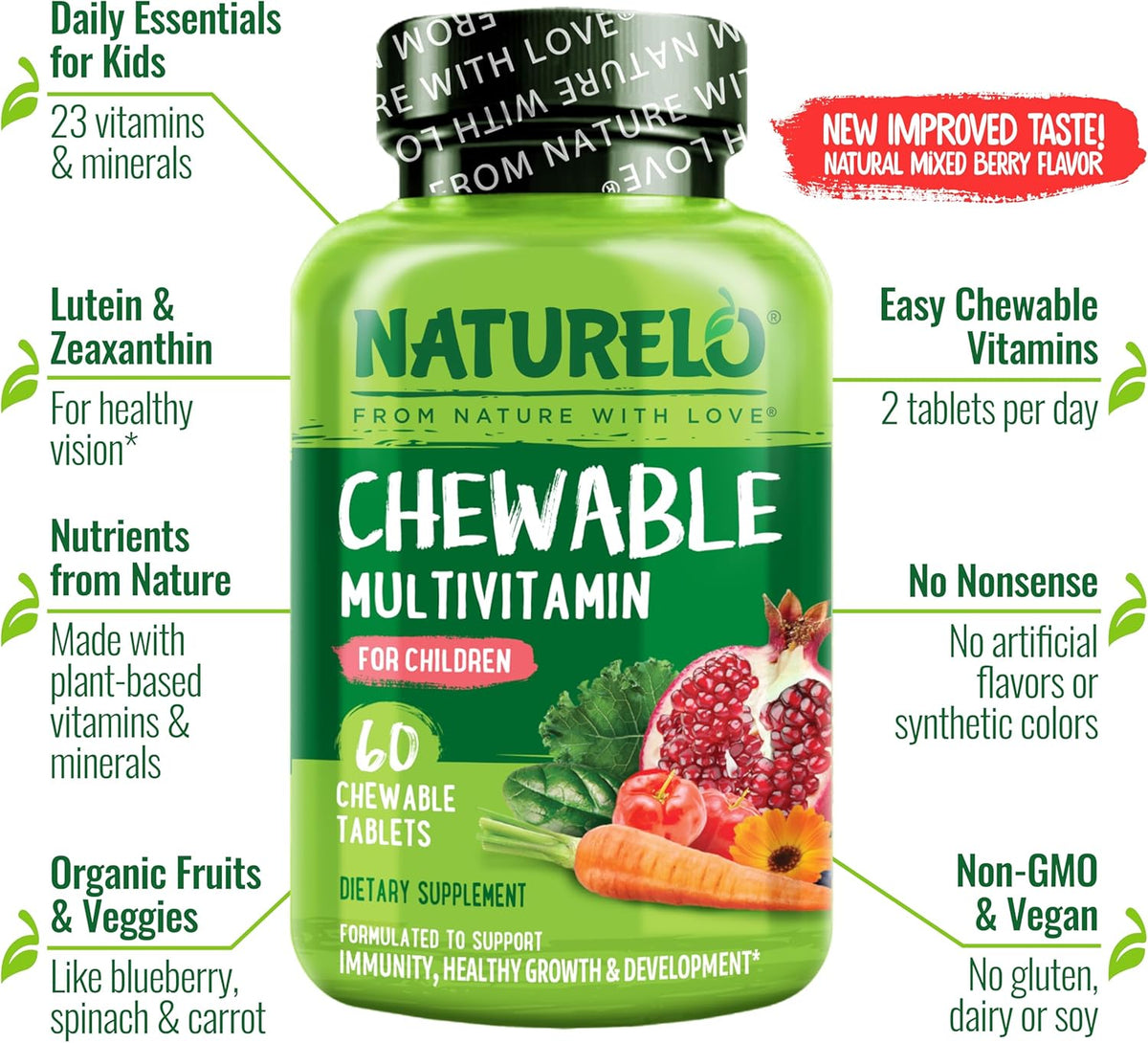 NATURELO Chewable Vitamin for Kids Multivitamin with Wholefood Organic Fruit Blend - 60 Tablets for Children (Pack of 2) – Image 4