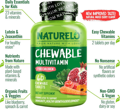 NATURELO Chewable Vitamin for Kids Multivitamin with Wholefood Organic Fruit Blend - 60 Tablets for Children (Pack of 2) – Image 4