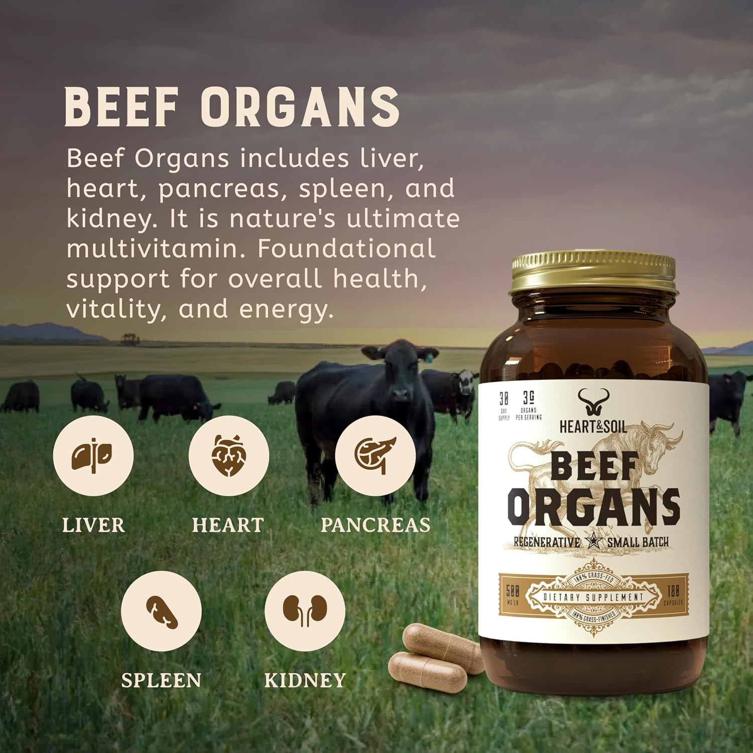 HEART & SOIL 100% Grass Fed Beef Organs Supplement (Liver, Heart, Kidney, Pancreas & Spleen) – 3000mg – 180 Capsules - görsel 9