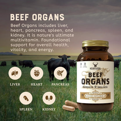 HEART & SOIL 100% Grass Fed Beef Organs Supplement (Liver, Heart, Kidney, Pancreas & Spleen) – 3000mg – 180 Capsules