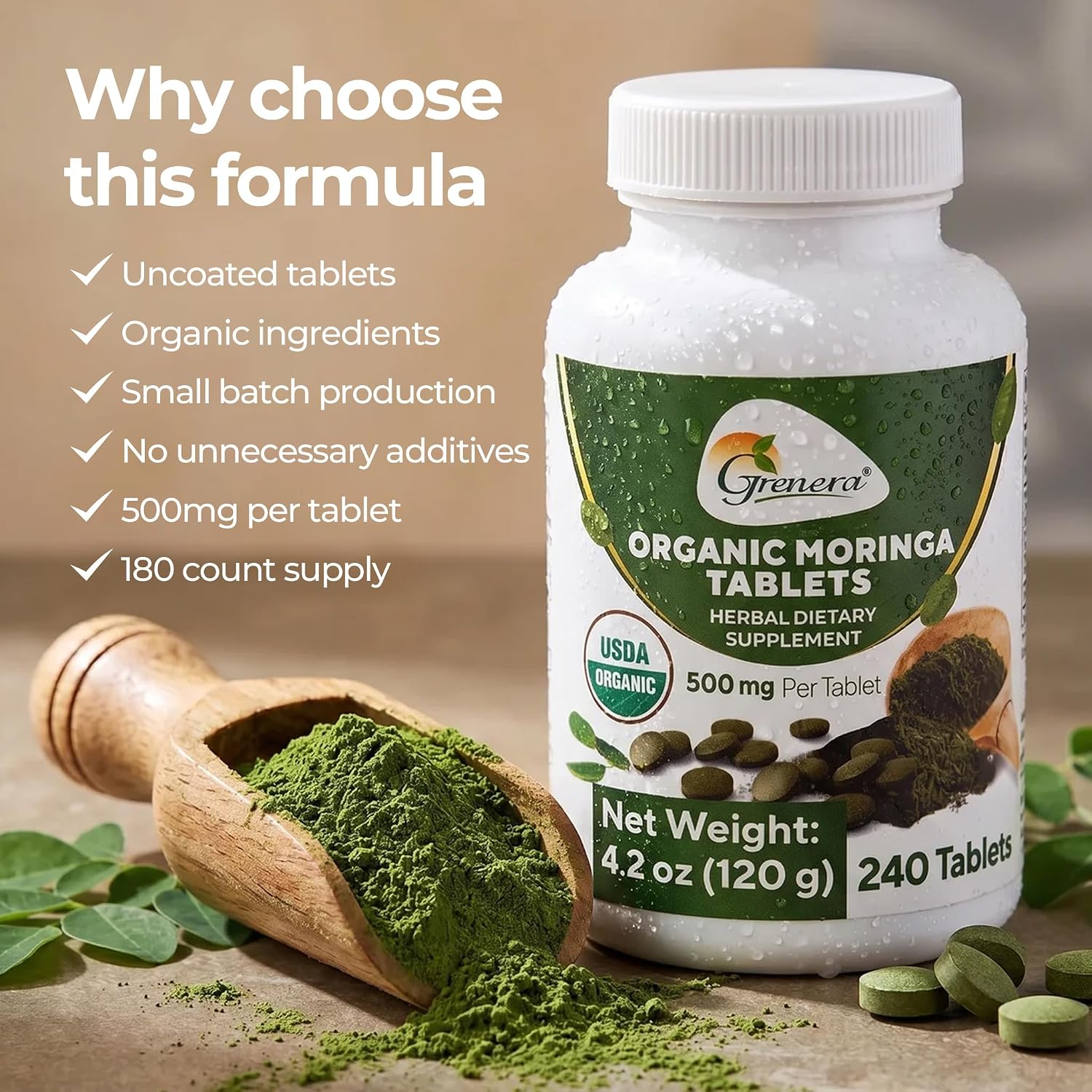 Grenera Organic Moringa Tablets - USDA Organic, 500mg, 240 Tablets - görsel 8