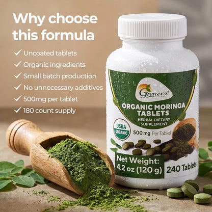 Grenera Organic Moringa Tablets - USDA Organic, 500mg, 240 Tablets
