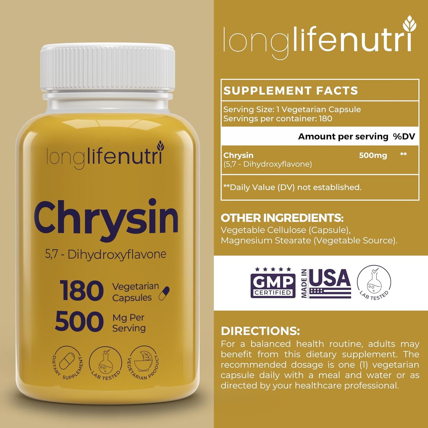 LongLifeNutri Chrysin 500mg – 180 Vegetarian Capsules - görsel 2