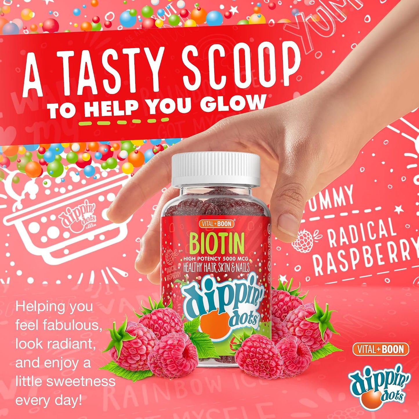 Dippin' Dots High Potency Biotin Gummies 5000mcg - Hair, Skin & Nails - Raspberry - 60 Day Supply (2 Pack) - görsel 5
